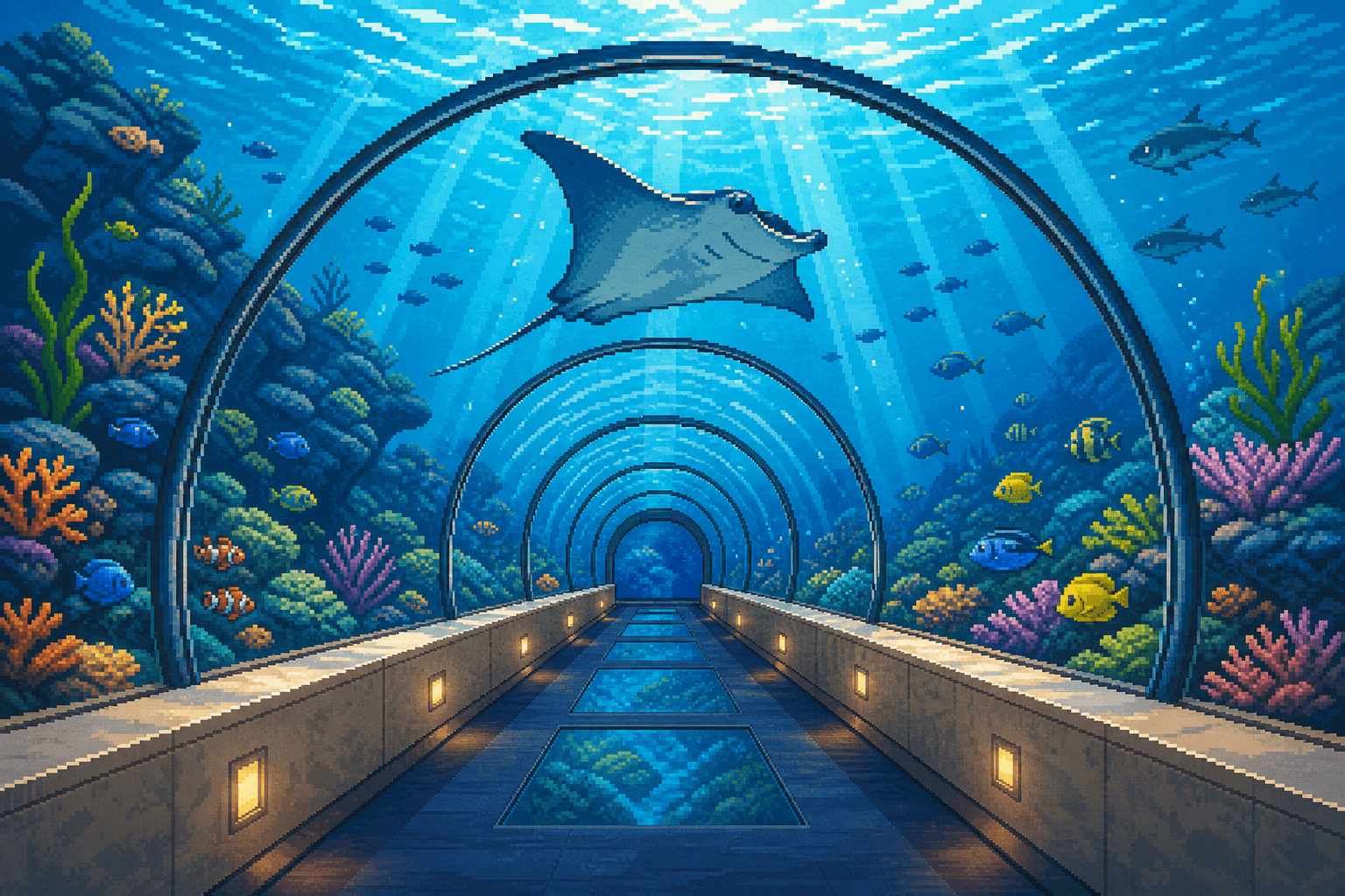 Pixel art Maui Ocean Center underwater tunnel with a ray swimming overhead