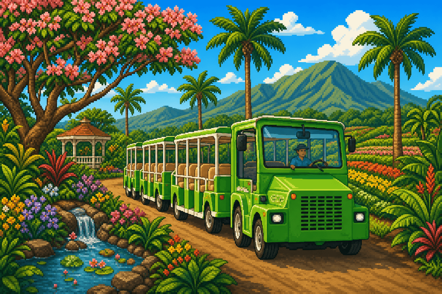Pixel art green trolley passing through tropical flowers at Maui Tropical Plantation
