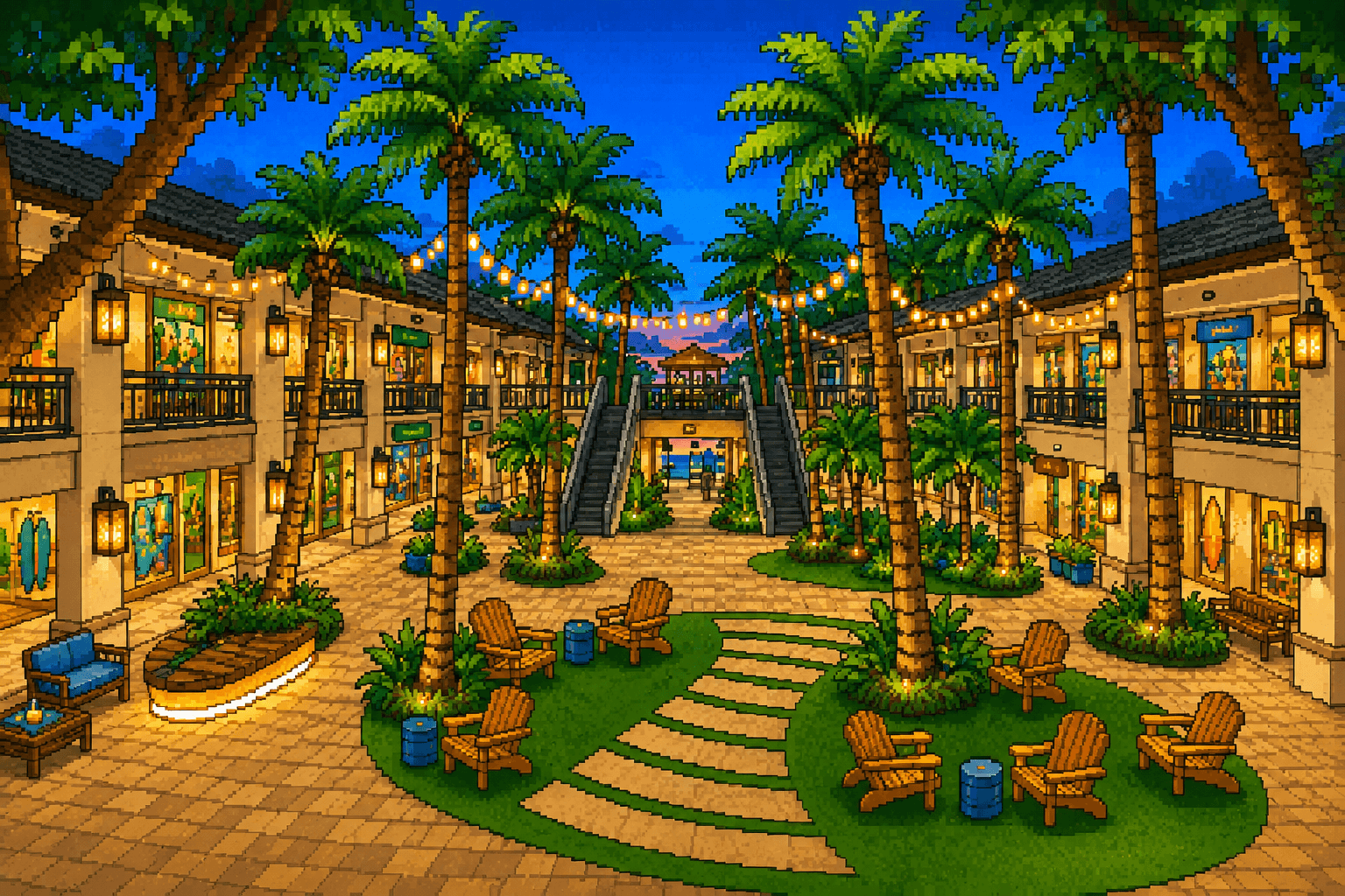 Pixel art tropical open-air shopping courtyard at Shops at Wailea