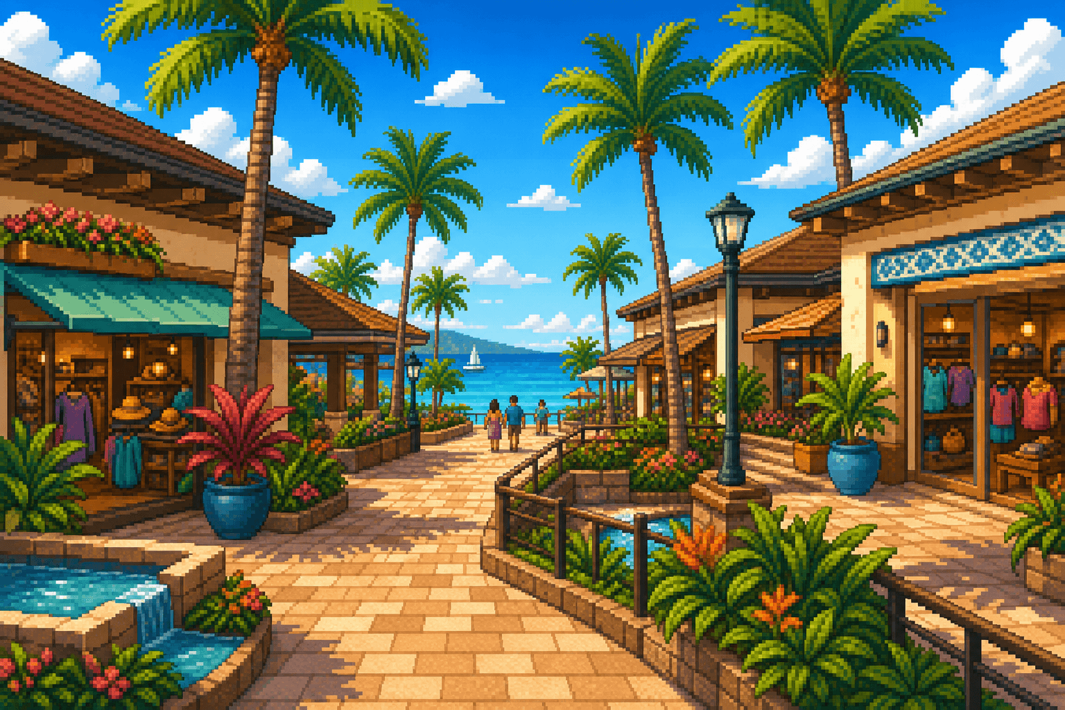 Pixel art sunny tropical shopping walkway at Whalers Village