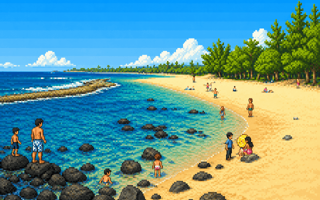 Pixel art view of Baby Beach with shallow water, rocks, and sand