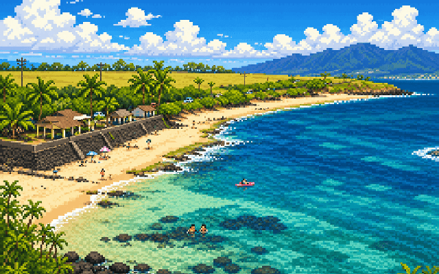 Pixel art view of Ho'okipa Beach Park coastline and blue water