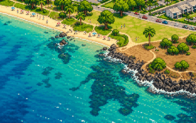Pixel art aerial view of Kamaole Beach Park III and nearby buildings