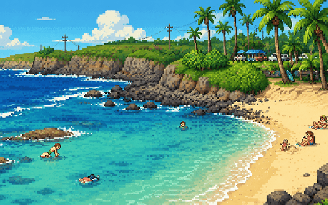 Pixel art view of Kuau Cove with calm water, rocks, palms, and a sandy beach