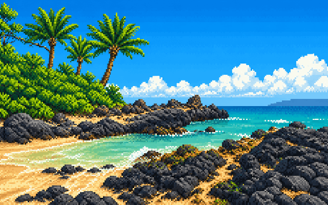 Pixel art view of Makena Cove with lava rocks and turquoise water