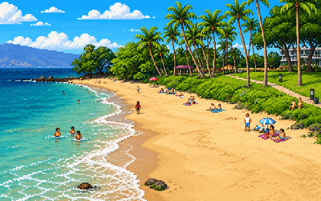 Pixel art view of Ulua Beach with palms, sand, and clear water