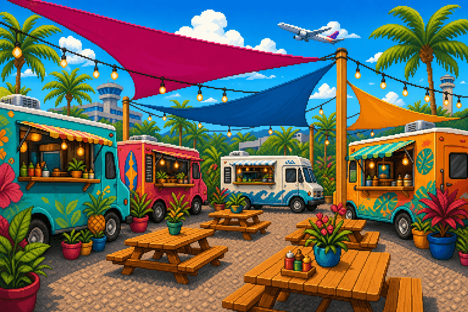 Pixel art colorful outdoor food truck park near Kahului Airport