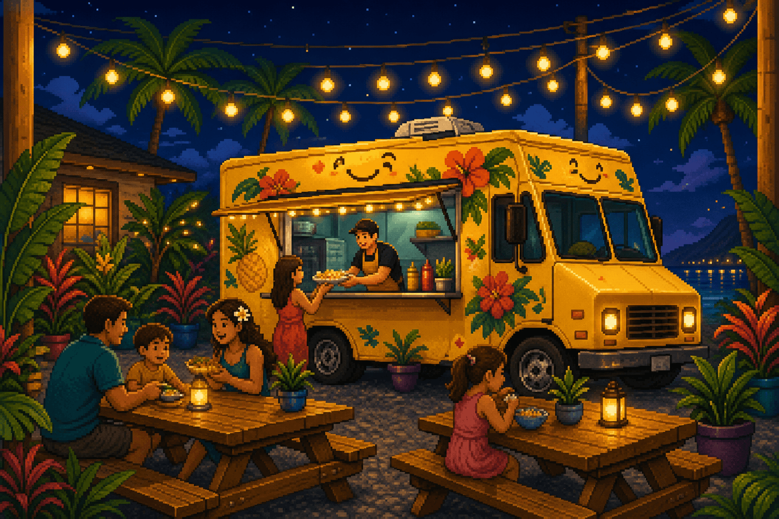 Pixel art Happy Belly Food Truck at night with string lights