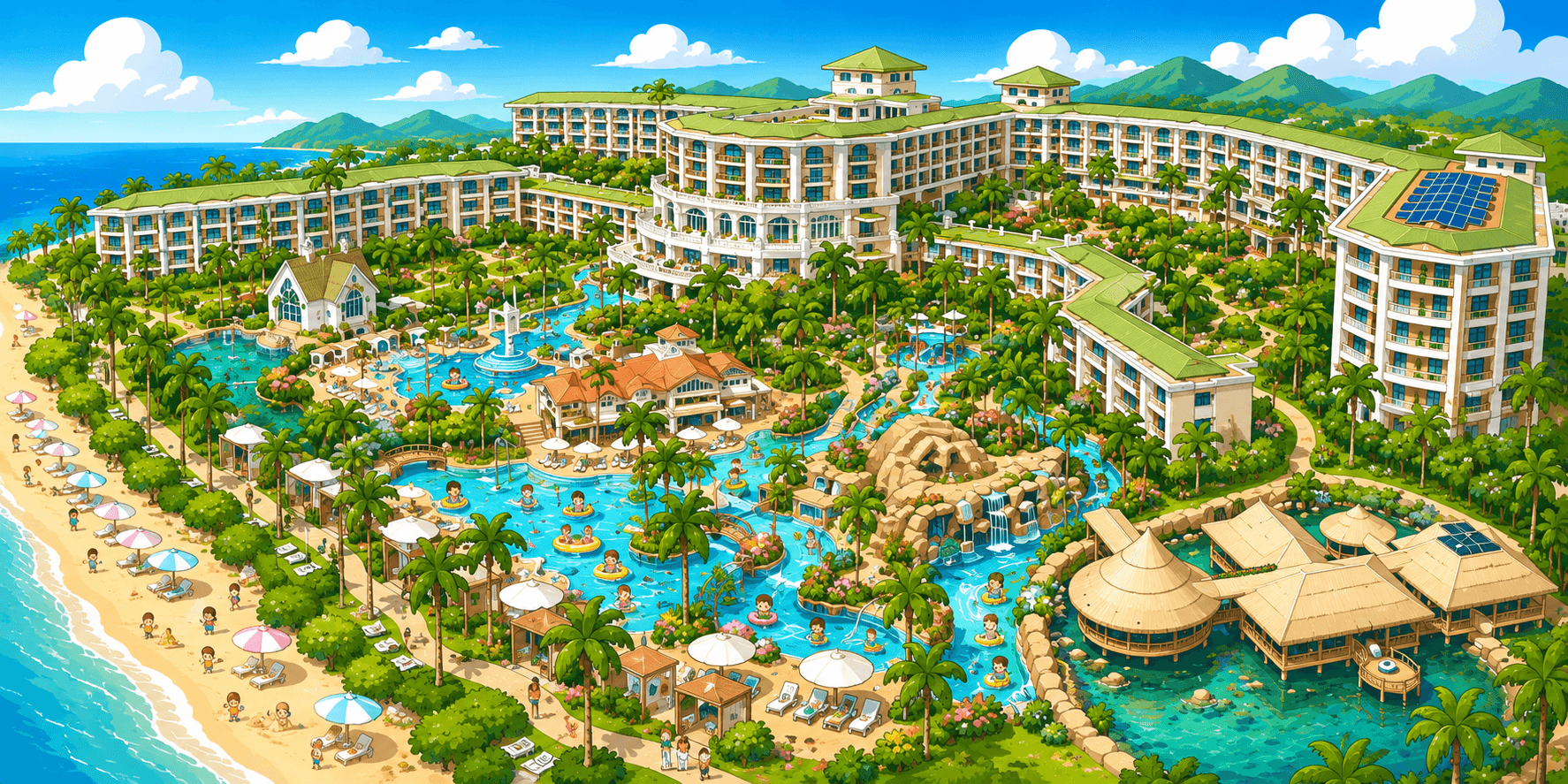 Illustrated overview of the Grand Wailea resort, pools, beach, and gardens